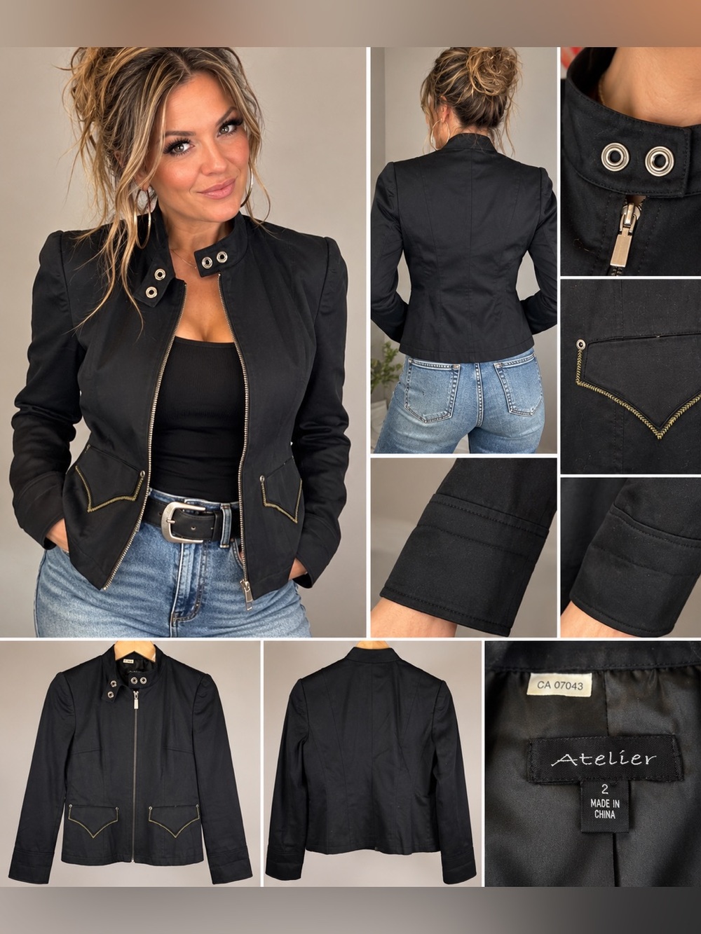 Atelier Black Moto Utility Jacket Gold Stitching Zip Front Size 2 NWT
,